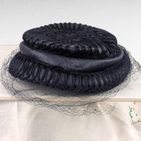 Vintage 1950s Pinehurst Navy Blue Woven Hat, H.P. Wasson and Co. Cocktail Hat with Net Veil, Mid Century Formal Headwear
