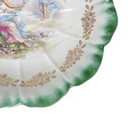 Vintage Dresden (Laurel Leaf Mark) Porcelain Bowl, Woman with Angel Motif, Green & Gold Trim, 9.25 Inches