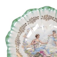 Vintage Dresden (Laurel Leaf Mark) Porcelain Bowl, Woman with Angel Motif, Green & Gold Trim, 9.25 Inches