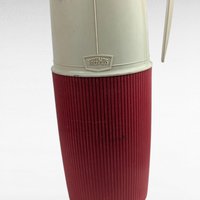 Vintage 1960s Thermos Wide Mouth Vacuum Bottle No. 6402, Quart Size Red and White Insulated Food Jar with Original Box, Classic Camping Jug