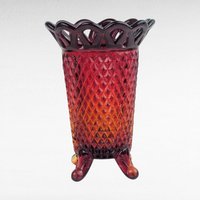 Vintage Imperial Glass Vase, 5" Small Vase, Amberina Red Orange Art Glass, Lace Edge Diamond Point Pattern, Footed Bud Vase, Mid Century