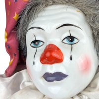 Vintage 18" Porcelain Clown Doll with Moon & Sun Outfit, Hand-Painted Face, Made in China, Decorative Collectible