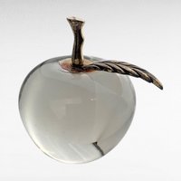 Vintage Clear Glass Apple Paperweight with Brass Stem, Crystal Art Glass Fruit, Teacher Appreciation Gift, Home Office Desk Decor