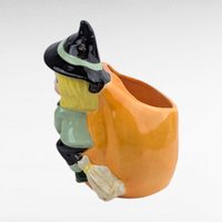 Vintage Ceramic Witch Planter, Cute Blonde Witch on Pumpkin Jack-o-Lantern, Mid Century Style Halloween Figurine, Spooky Cute Candy Dish