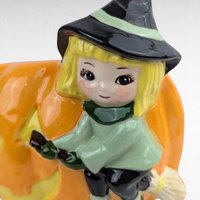 Vintage Ceramic Witch Planter, Cute Blonde Witch on Pumpkin Jack-o-Lantern, Mid Century Style Halloween Figurine, Spooky Cute Candy Dish