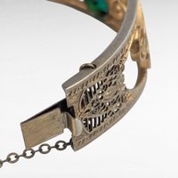 Vintage Gold Filigree Bangle Bracelet with Green Stones, Art Nouveau Style Ornate Cuff, Two Tone Hinged Bracelet, Edwardian Statement