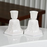 Vintage Fostoria Milk Glass Candle Holders, Pair, Grape Pattern, 4.25 Inches - Mid-Century Modern