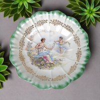 Vintage Dresden (Laurel Leaf Mark) Porcelain Bowl, Woman with Angel Motif, Green & Gold Trim, 9.25 Inches