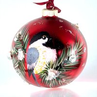 Vintage Hand Painted Chickadee Christmas Ornament, Red Glass Ornament, Winter Bird Ornament, Nature Lover Gift, Holiday Decor