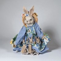Vintage Mother Rabbit with Baby Bunnies Figurine | Ceramic and Cloth Rabbit Family | Easter Decor | Spring Decor | Nursery Decor