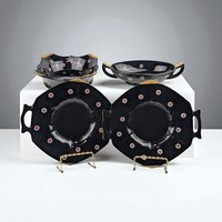 Vintage Imperial Glass Black and Gold Bowl Set with Daisy Design, Handled Bowls and Plates, Elegant Tableware, Gift for Hostess, Collector