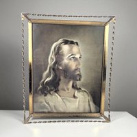 Vintage Head of Christ Print - Kriebel and Bates Religious Art - Distressed Metal Frame - Spiritual Home Decor - Gift for Devout