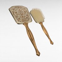 Vintage Vanity Mirror and Brush Set, Gold Tone Floral Damask Dresser Set, Mid Century Hollywood Regency Decor, Hand Mirror and Hairbrush