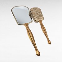Vintage Vanity Mirror and Brush Set, Gold Tone Floral Damask Dresser Set, Mid Century Hollywood Regency Decor, Hand Mirror and Hairbrush