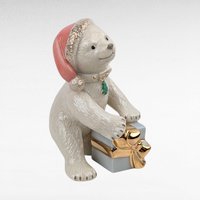 Lenox Christmas Cub Figurine, Vintage Polar Bear with Present, Ivory Porcelain Holiday Decor, Collectible Animal Figurine with Gold Trim