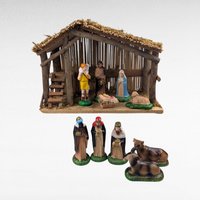Vintage Sears Nativity Set, 11 Ceramic Figures and Wood Stable, Complete Christmas Manger Scene, Traditional Holiday Decor