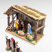 Vintage Sears Nativity Set, 11 Ceramic Figures and Wood Stable, Complete Christmas Manger Scene, Traditional Holiday Decor