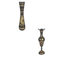 Vintage Brass Vases from India, Black and Gold, Floral Etched, 11 3/4" Tall, Pair, Home Decor, Boho Chic