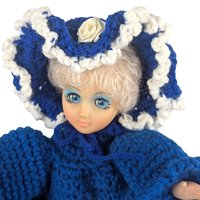 Vintage Crochet Lady Doll: Blue Dress & Bonnet, Folk Art Collectible