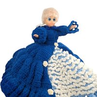 Vintage Crochet Lady Doll: Blue Dress & Bonnet, Folk Art Collectible