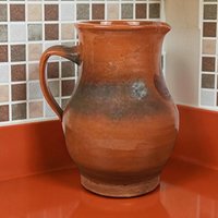 Vintage Handmade Brown Pottery Pitcher: Rustic Country Farmhouse Stoneware