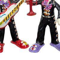 Vintage Mexican Paper Mache Clown Figurines, Musician Clowns, Folk Art, Day of the Dead Decor, Pair of Clowns