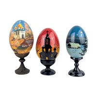 Vintage Hand-Painted Wooden Easter Eggs, Russian Folk Art Decor, Farmhouse, Church Scene, Gift for Collector