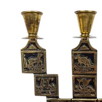Vintage Goldtone & Black Enamel Astrological Candelabra, 3 Arm Candlestick Holder, Zodiac Candle Holder, Celestial Decor