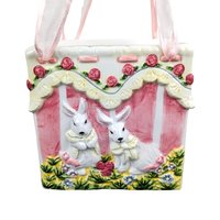 Vintage Ceramic Easter Bunny Bag: Pink Striped Basket Decor
