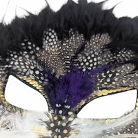 Vintage Applause Feather Half Mask, Black with Purple and Gold Trim, Costume Accessory, Masquerade Ball, Unique Decor