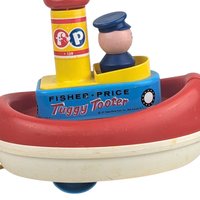 Vintage 1967 Fisher Price Tuggy Tooter Pull Toy #722, Wooden Captain Boat with Tooting Sound, Classic Nursery Decor Toy