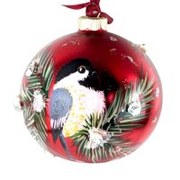 Vintage Hand Painted Chickadee Christmas Ornament, Red Glass Ornament, Winter Bird Ornament, Nature Lover Gift, Holiday Decor