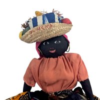 Vintage 17" Jamaican Folk Art Doll with Handcrafted Fabric Dress, Straw Hat, Collectible Caribbean Souvenir, Gift for Doll Collectors