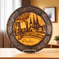 Vintage Carved Wood Burned Romanian Plate, Zagreb Cityscape Wall Decor, Romanian Folk Art, Gift for Collector, Ethnic Decor, 10.25 Inches