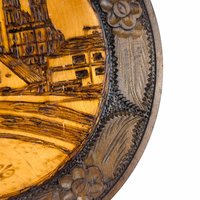 Vintage Carved Wood Burned Romanian Plate, Zagreb Cityscape Wall Decor, Romanian Folk Art, Gift for Collector, Ethnic Decor, 10.25 Inches