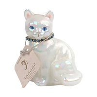 Vintage Signed Fenton December Opalecent Cat Figurine Blue Zircon Collar Collectible Glass Animal Lover Gift
