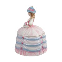 Vintage Andrea Lady Powder Box Pink Dress Ceramic Victorian Style Figurine Vanity Decor Gift for Her