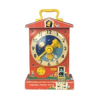 Vintage Fisher Price Toy Lot: Music Box Clock, Suzy Seal Pull Toy, Cloth Book, Xylophone Drum - Retro Toys, Collectible Toys
