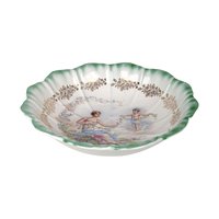 Vintage Dresden (Laurel Leaf Mark) Porcelain Bowl, Woman with Angel Motif, Green & Gold Trim, 9.25 Inches