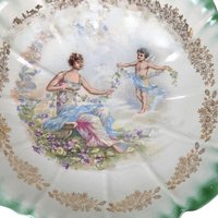 Vintage Dresden (Laurel Leaf Mark) Porcelain Bowl, Woman with Angel Motif, Green & Gold Trim, 9.25 Inches