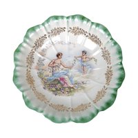Vintage Dresden (Laurel Leaf Mark) Porcelain Bowl, Woman with Angel Motif, Green & Gold Trim, 9.25 Inches