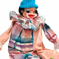 Vintage Handmade Wood Block Clown Doll, Plaid and Pink Outfit, Collectible Toy, Unique Gift