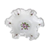 Vintage Fenton Violets in the Snow Milk Glass Dish | Ruffled Candy Dish | Trinket Dish | Collectible Glassware