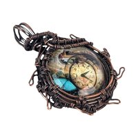 Handcrafted Copper Wire Wrapped Pendant | Clock Collage | Picture Cabochon | Earth Tones | Unique Gift | Vintage Style