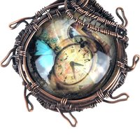 Handcrafted Copper Wire Wrapped Pendant | Clock Collage | Picture Cabochon | Earth Tones | Unique Gift | Vintage Style