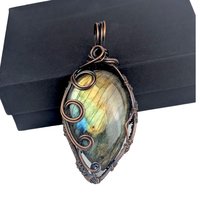 Handmade Labradorite Pendant | Copper Wire Wrapped | Green, Blue & Yellow Hues | 2.5" | Unique Gift