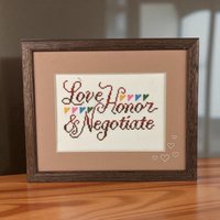 Vintage Framed Cross Stitch "Love, Honor, & Negotiate" | Funny Cross Stitch | Wedding Gift | Anniversary Gift | Home Decor