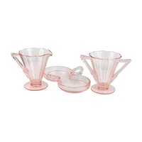 Vintage Creamer and Sugar Set in Pink Glass, Complete Art Deco 3 Piece Tray Set for Coffee Bar or Tea Party