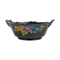 Vintage Black Glass Bowl Set, LE Smith Plate, Hand Painted Floral Bowl, Footed Bowl, Diamond Block Bowl, Gift for Collector, Home Decor