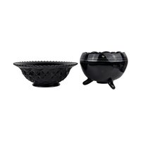Vintage Black Glass Bowl Set, LE Smith Plate, Hand Painted Floral Bowl, Footed Bowl, Diamond Block Bowl, Gift for Collector, Home Decor